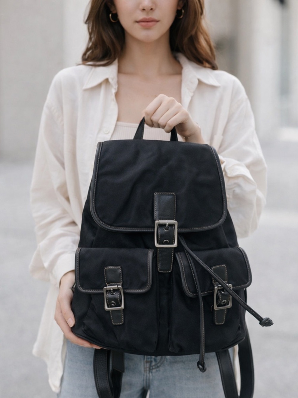 Coach Nylon Double Pocket Drawstring Backpack GUC
